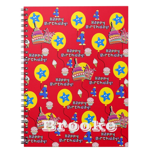 Cuaderno Portátil, notas de cumpleaños 4 felices rojas (Frente)