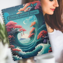 Cuaderno Portátil Oriental Turquoise Waves Cherry Blossoms