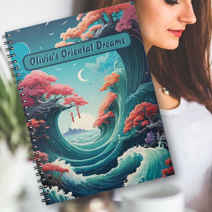 Cuaderno Portátil Oriental Turquoise Waves Cherry Blossoms