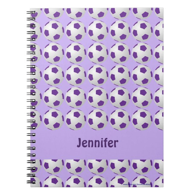Cuaderno Portátil personalizado de bolas de fútbol morado y (Frente)