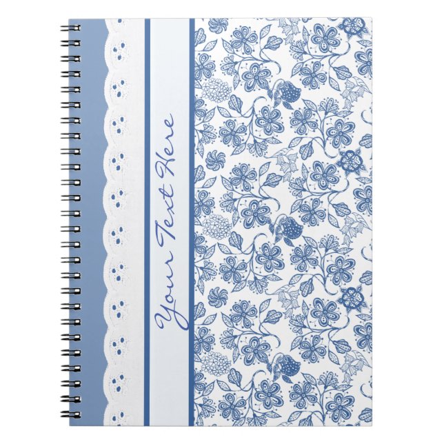 Cuaderno Portátil personalizado Indigo Floral y Faux Lace (Frente)