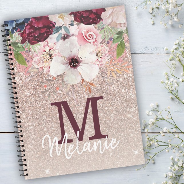 Cuaderno Portátil Purpurina de monogramo floral rosado Rosa (Subido por el creador)