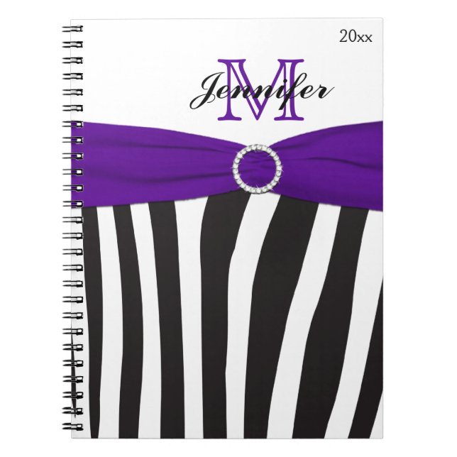 Cuaderno Portátil rayado de cebra blanca morada negra (Frente)