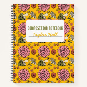 Cuaderno Portátil Retro Mushroom Floral Amarillo Personaliz