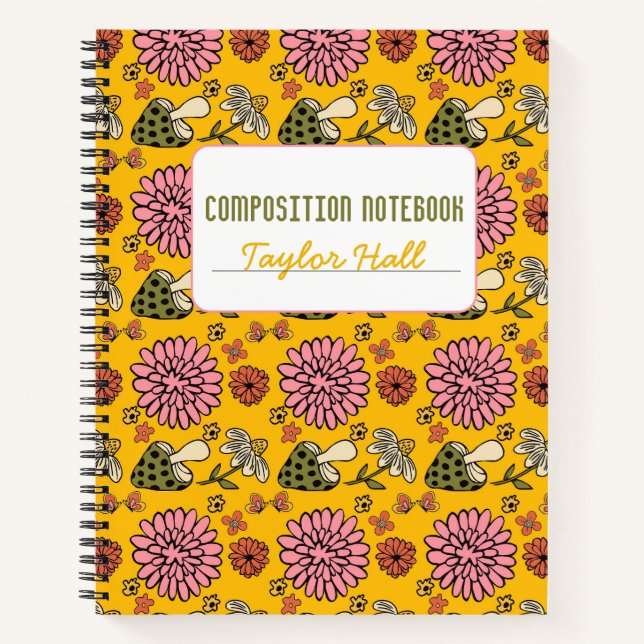 Cuaderno Portátil Retro Mushroom Floral Amarillo Personaliz (Anverso)