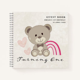 Cuaderno Portátil Teddy Bear 1º cumpleaños Guestbook Rosado