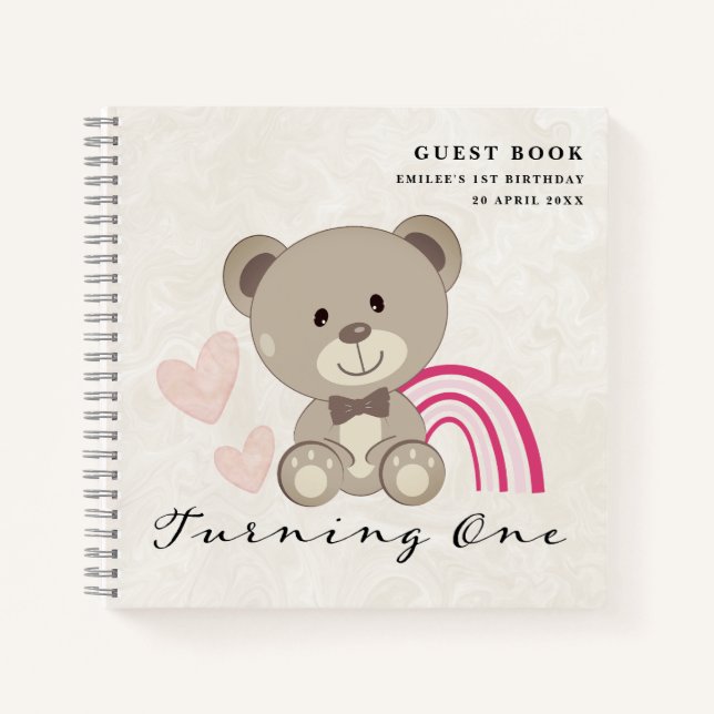 Cuaderno Portátil Teddy Bear 1º cumpleaños Guestbook Rosado (Anverso)