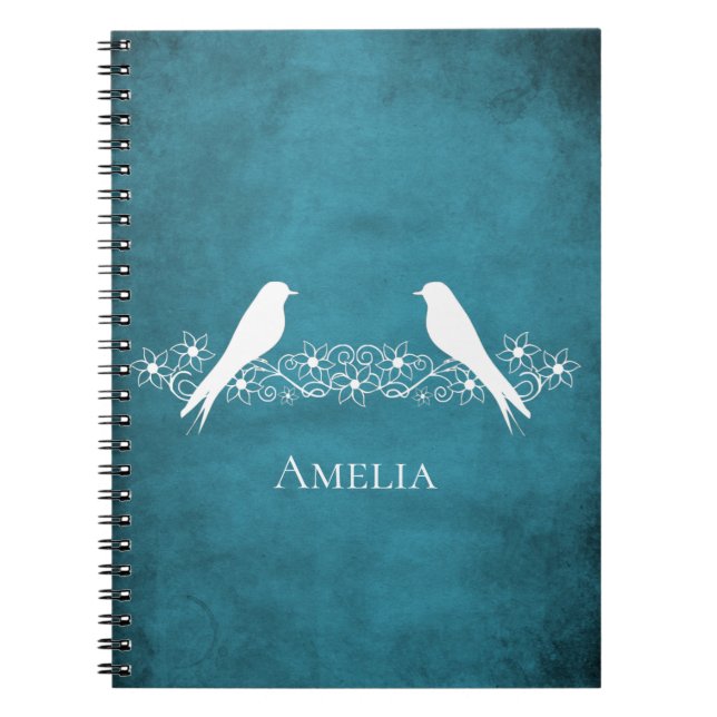 Cuaderno Portátil Vino Floral Blue Lovebirds (Frente)