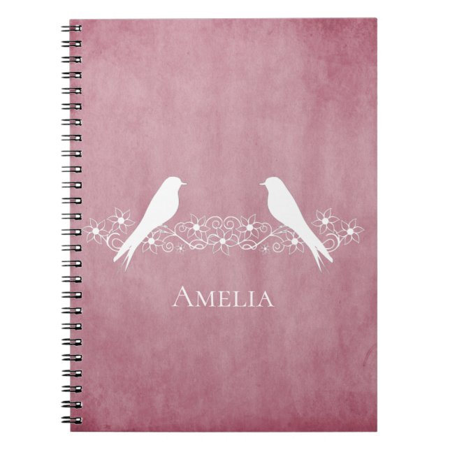 Cuaderno Portátil Vino Floral Pink Lovebirds (Frente)