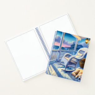 Cuaderno Pórtico costero iluminado por la luna con perro y