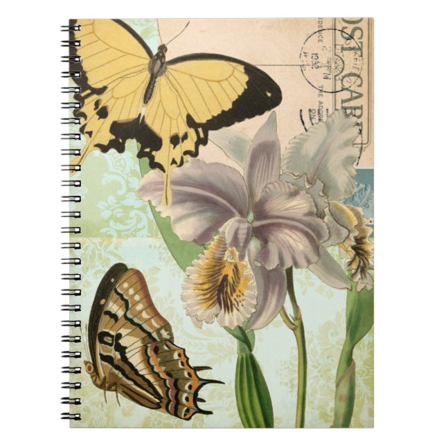 Cuaderno Postales antiguas con mariposas y flores (Frente)
