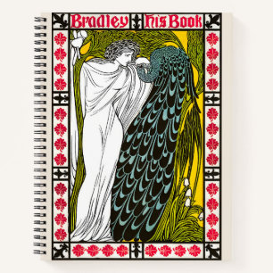 Cuaderno Póster Antiguo Art Nouveau de Mujer y Pavo Real