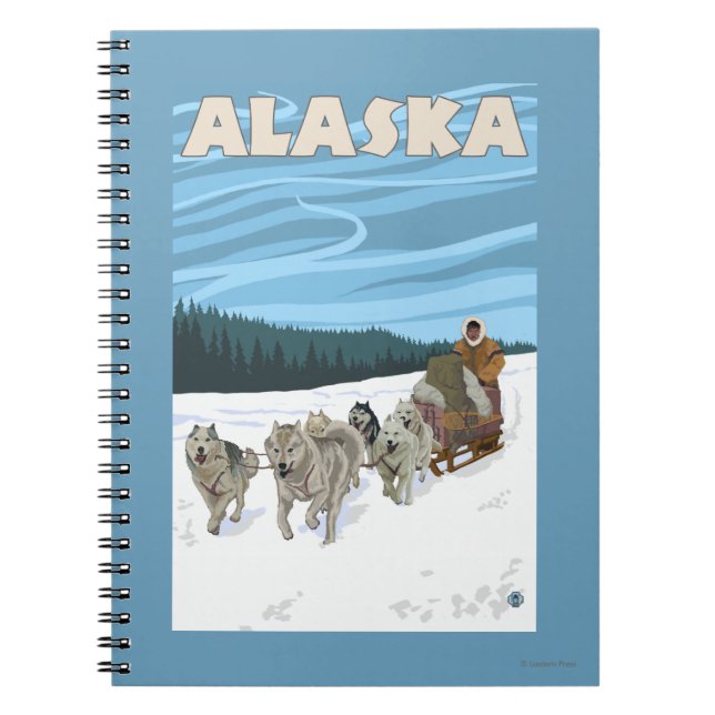 Cuaderno Poster de Viajes Vintage de Alaska Dogsledding (Frente)