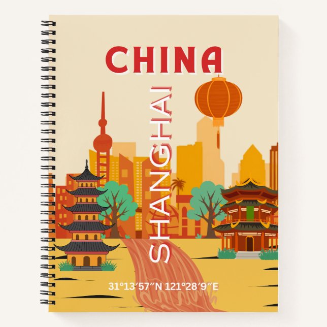 Cuaderno Póster Retro de Viajes a Shanghai China (Anverso)