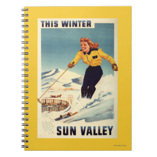 Cuaderno poster sonriente y de esquí de la mujer