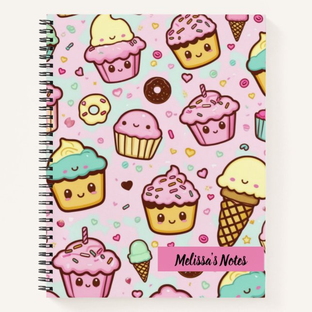 Cuaderno Postres dulces kawaii finos rosados personalizados (Anverso)