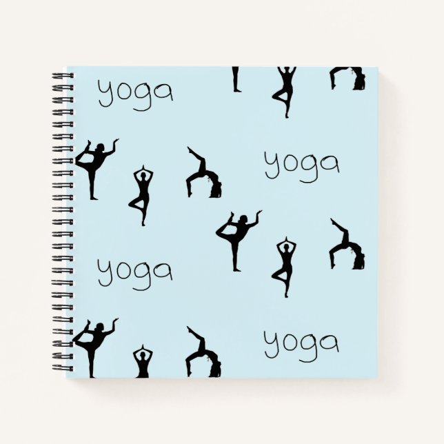 Cuaderno Posturas de yoga y patrón de texto en azul (Anverso)