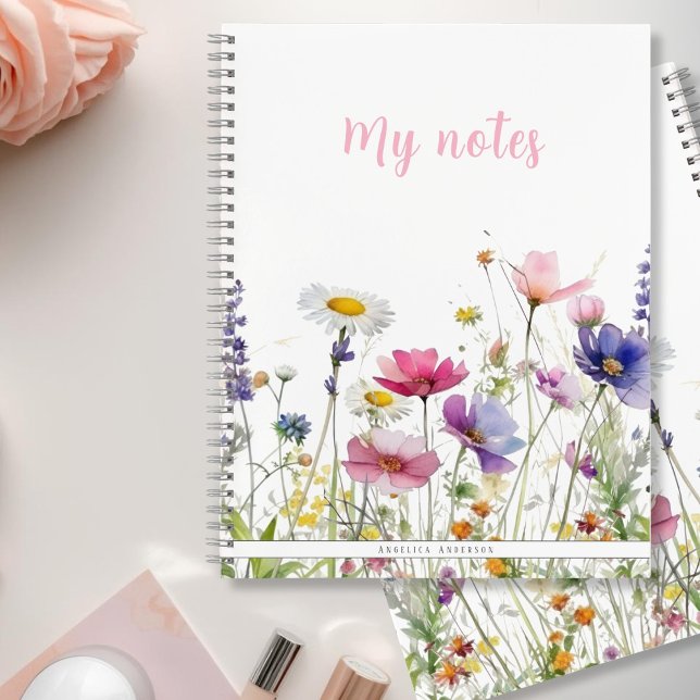Cuaderno Prado de flores silvestres Escritura rosa Doble ca (Wildflower Meadow Pink Script Double sided Notebook)