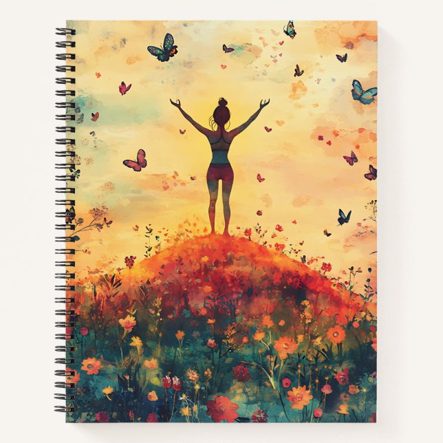 Cuaderno Prado de la puesta de sol Meditación con mariposas (Anverso)