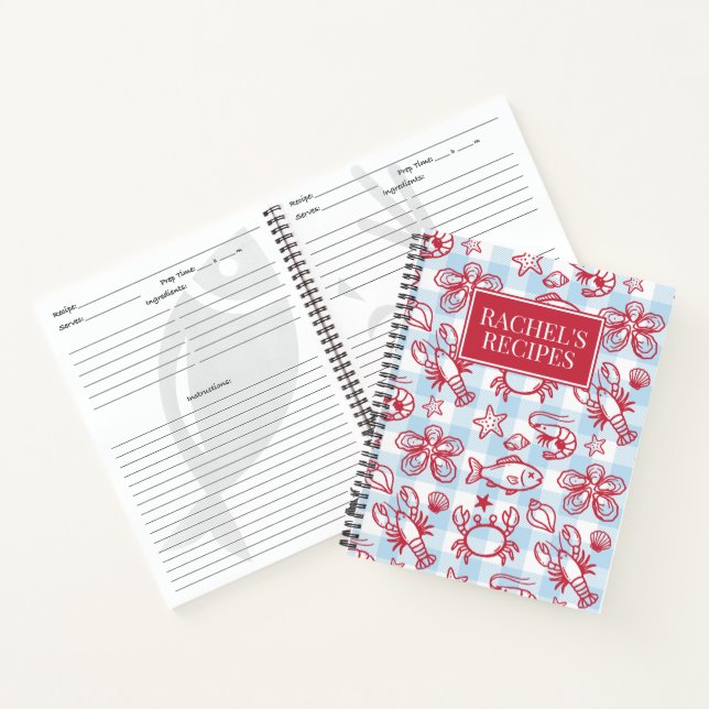 Cuaderno Preppy Coastal Seafood Gingham Kitchen Recipe (Interior)