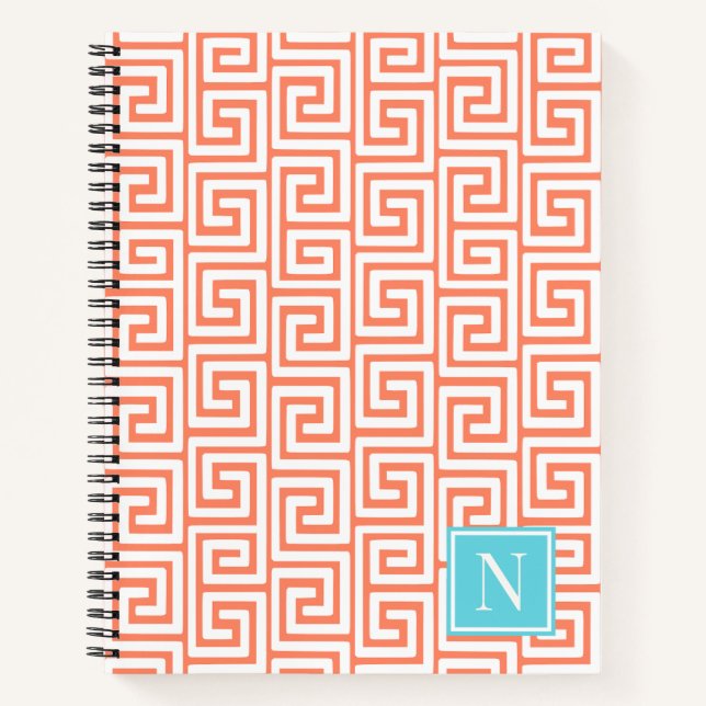 Cuaderno Preppy Greek Key Monogram – Coral & Turquoise (Anverso)