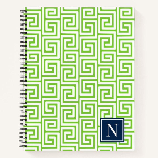 Cuaderno Preppy Greek Key Monogram – Lime Green & Navy (Anverso)