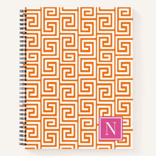 Cuaderno Preppy Greek Key Monogram – Orange & Hot Pink (Anverso)