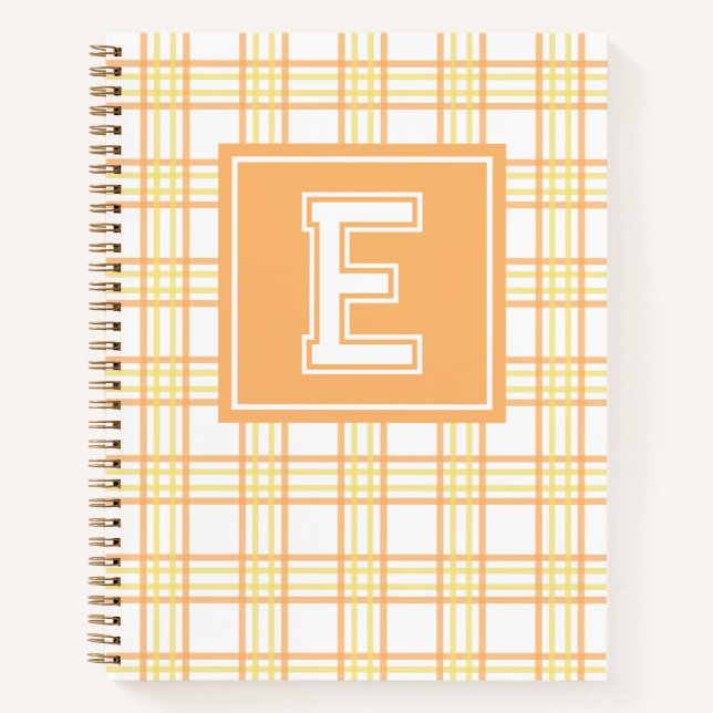 Cuaderno Preppy Plaid Varsity Monograma Naranja Amarillo (Anverso)