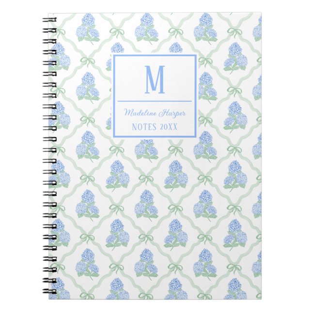 Cuaderno Preppy Trellis Bow Blue & Green Hydrangeas Monogra (Frente)