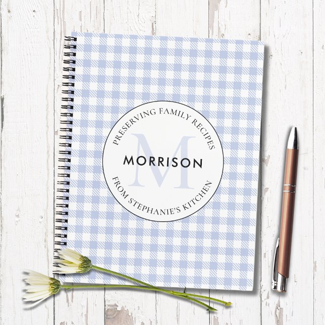 Cuaderno Preservando recetas familiares receta de Monograma (Periwinkle Blue Checkered Recipe Notebook Preserving Family Recipes)
