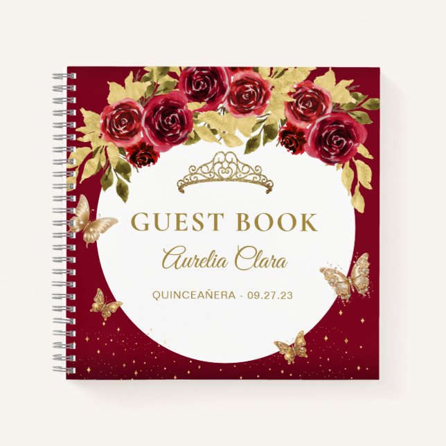 Cuaderno PRESUPUESTO Floral Red Gold Butfly Guest Book (Anverso)