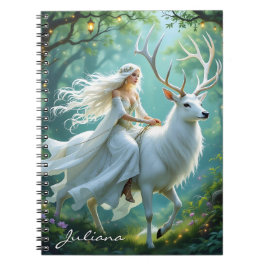 Cuaderno Pretty Fairy and White Deer in Enchanted Forest
