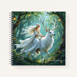 Cuaderno Pretty Fairy and White Deer in Enchanted Forest