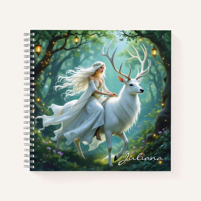 Cuaderno Pretty Fairy and White Deer in Enchanted Forest (Anverso)