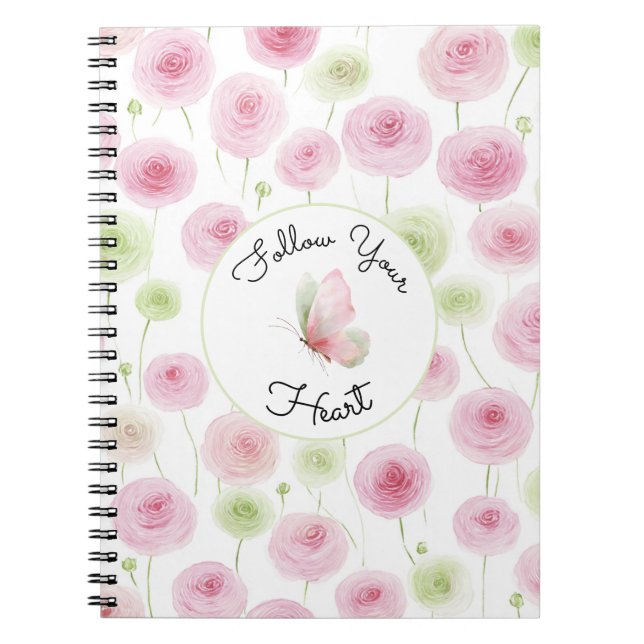 Cuaderno Pretty Pink Mint Ranunculus Quote (Frente)