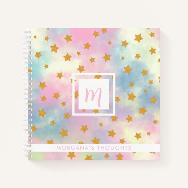 Cuaderno Pretty Pink Pastel with Gold Stars Monogram Square (Anverso)