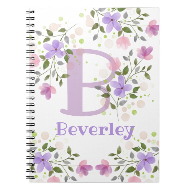 Cuaderno Primer nombre inicial más Beverley con flores (Frente)