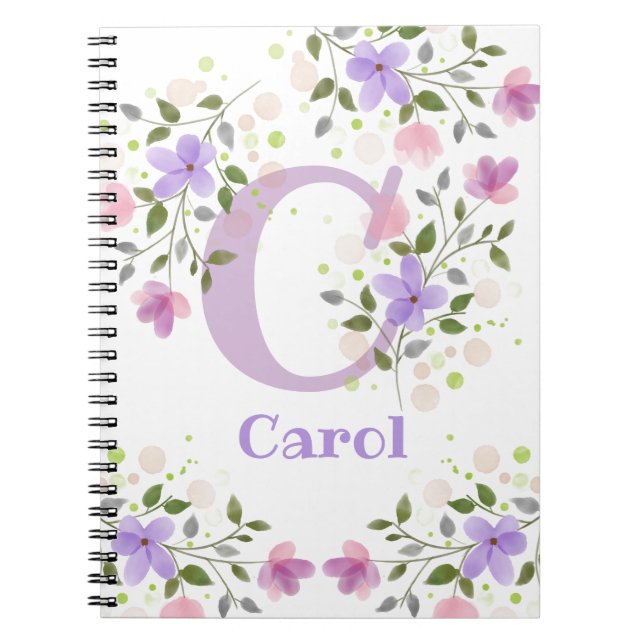 Cuaderno Primer nombre inicial más Carol con flores (Frente)