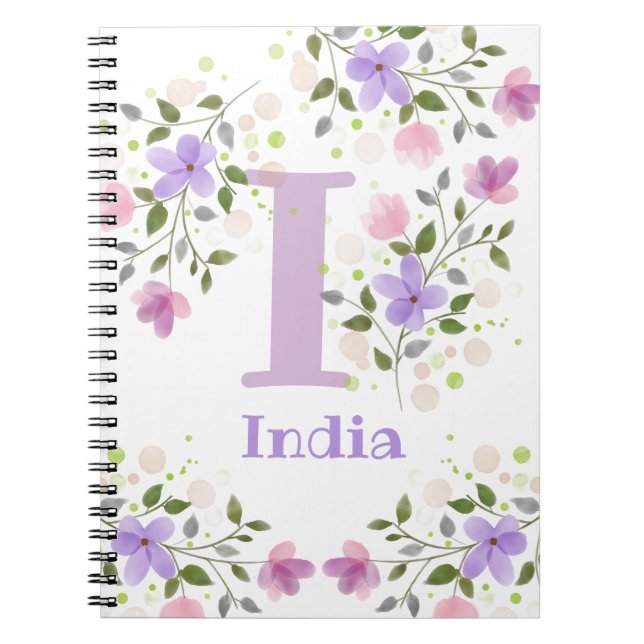 Cuaderno Primer nombre inicial más India con flores (Frente)