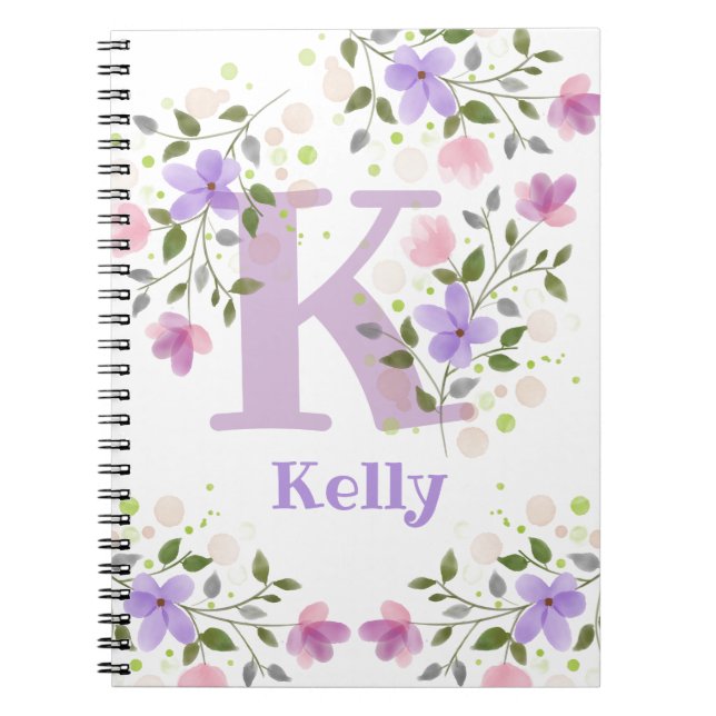 Cuaderno Primer nombre inicial más Kelly con flores (Frente)
