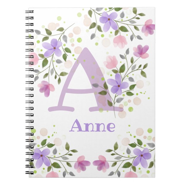 Cuaderno Primer nombre inicial más nombre Anne con flores (Frente)