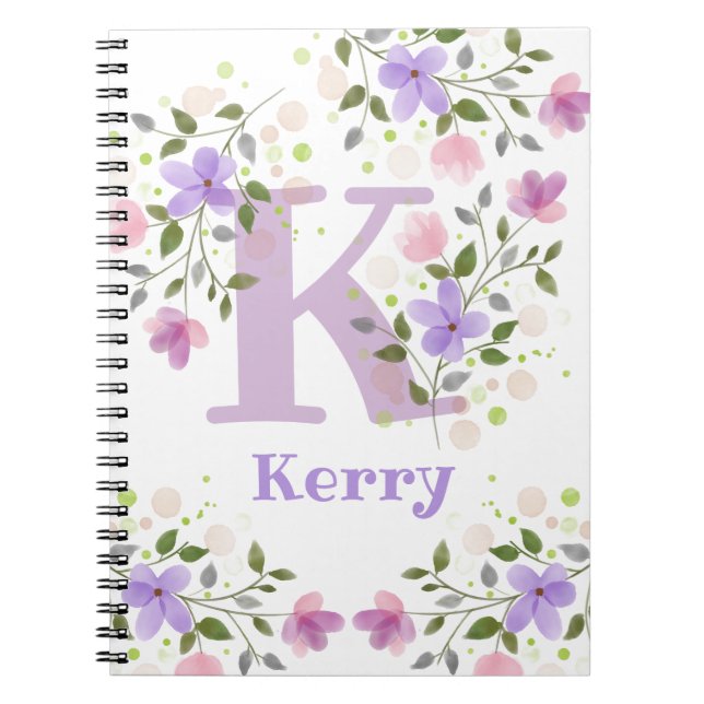 Cuaderno Primer nombre inicial más nombre Kerry con flores (Frente)