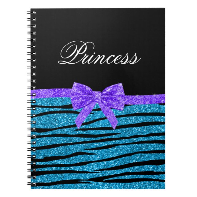Cuaderno Princesa azul purpurina rayas de cebra morado (Frente)