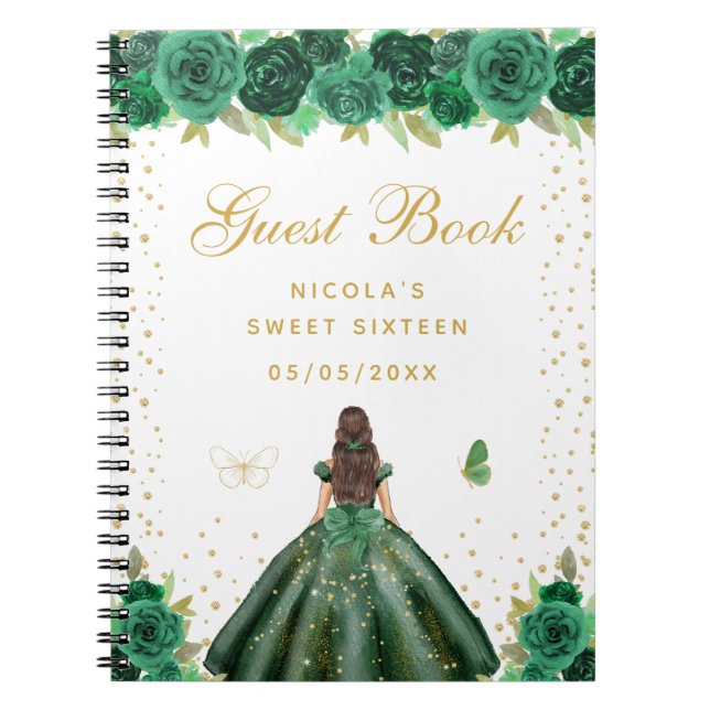 Cuaderno Princesa de Cabello Castaño Floral Verde Cumple Du (Frente)