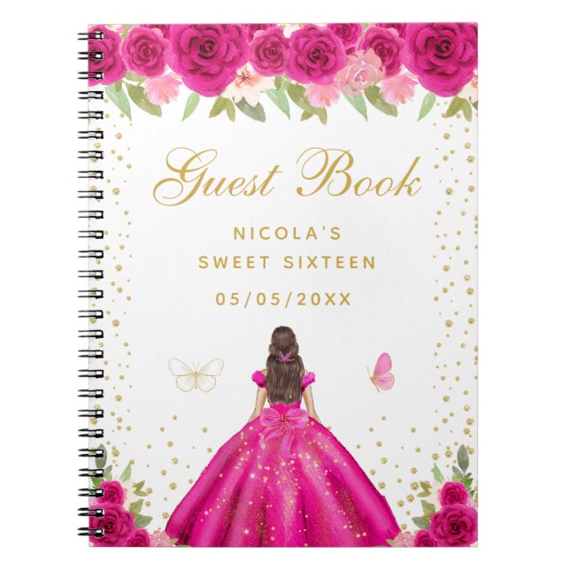 Cuaderno Princesa de cabello castaño rosa caliente Sweet Si (Frente)