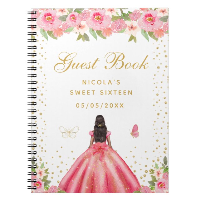 Cuaderno Princesa de piel oscura con flores rosadas Sweet S (Frente)