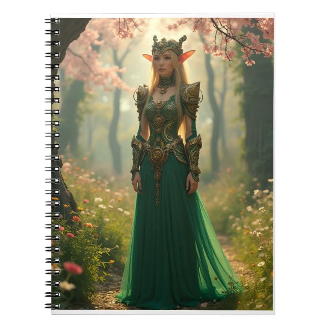 Cuaderno Princesa Elfa Steampunk en un jardín de primavera (Frente)