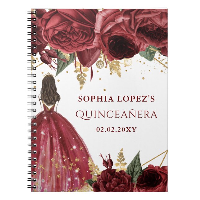 Cuaderno Princesa floral de oro de Borgoña Quinceanera (Frente)