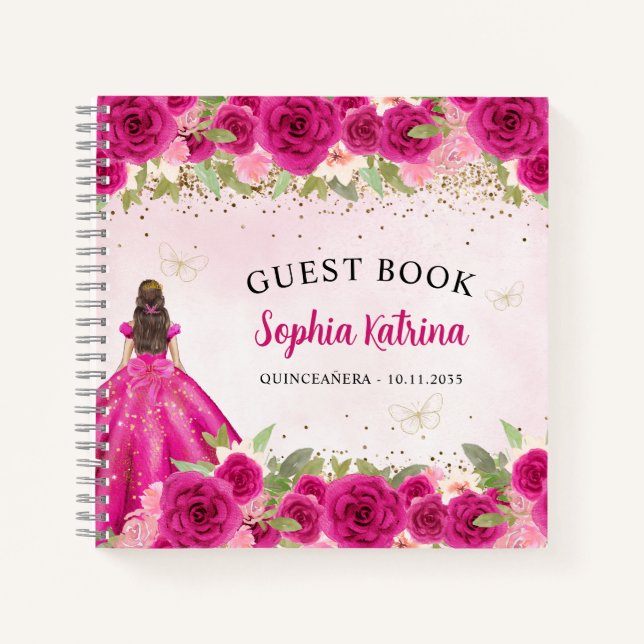 Cuaderno Princesa Floral de oro rosa magenta Quinceañera (Anverso)
