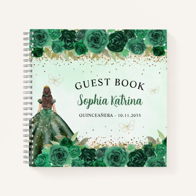 Cuaderno Princesa floral de oro verde esmeralda Quinceañera (Anverso)